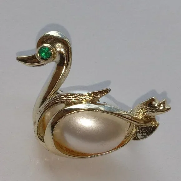 Rare Vintage Jelly Belly Swan Brooch Pin Green Gem Eye - Picture 4 of 12
